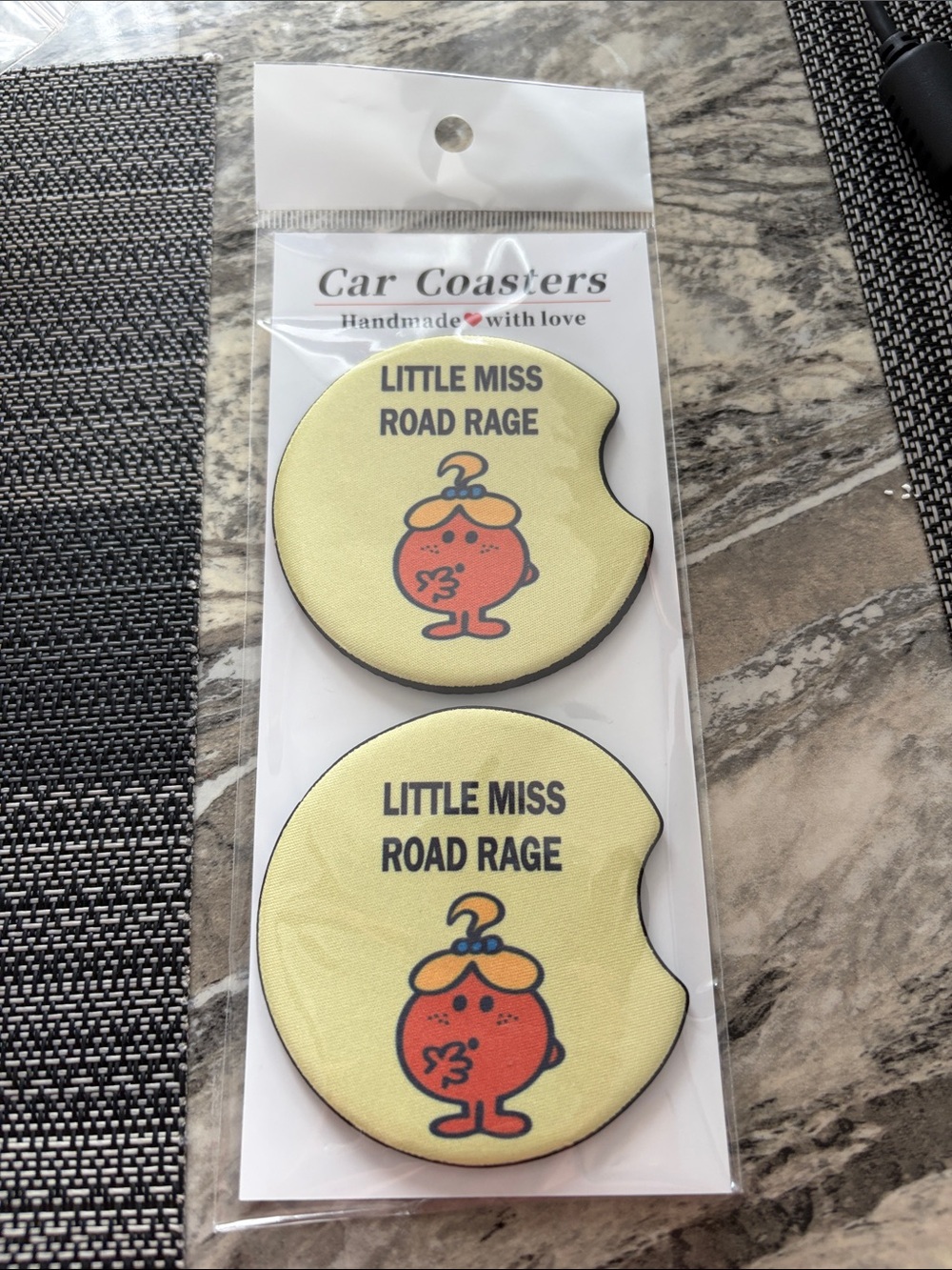 Little Miss Road Rage Car Coaster Set - Yellow with Orange Character